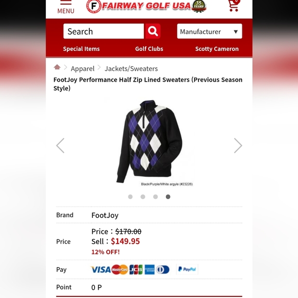 Mens Footjoy Performance Half Zip Lined Sweater/Jacket Size Medium Black/Purple